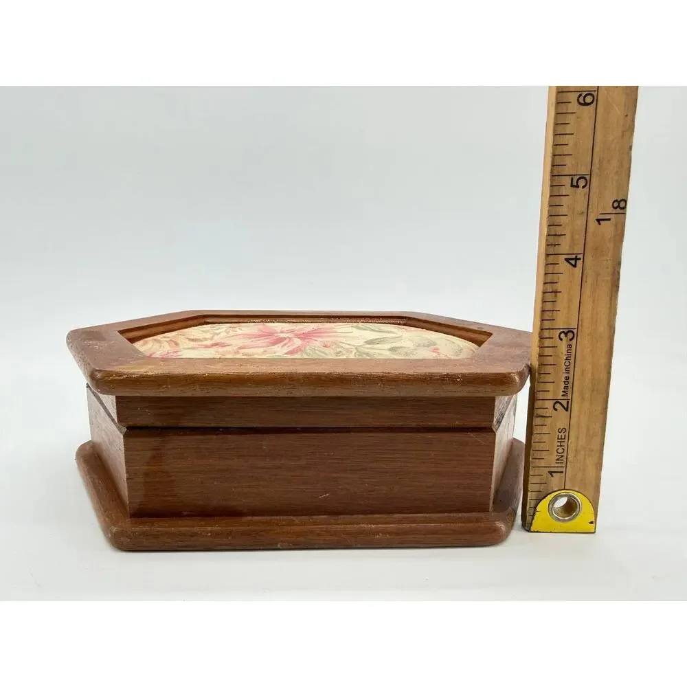 Vintage Wooden Jewelry Box Floral Fabric Lid Mirror Ring Storage Organizer
